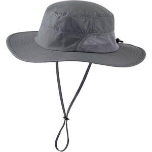 Unisex Grey 100%Polyester Wide Brim Mesh With Chin Strap Classic Hiking Sun Hat